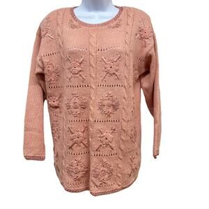 Worthington Pink Embroidered Vintage Crochet Squares Front Pullover Sweater M